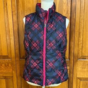 SJB Active Reversible Puffer Vest Blue/Black/Pink Plaid to Pink Medium